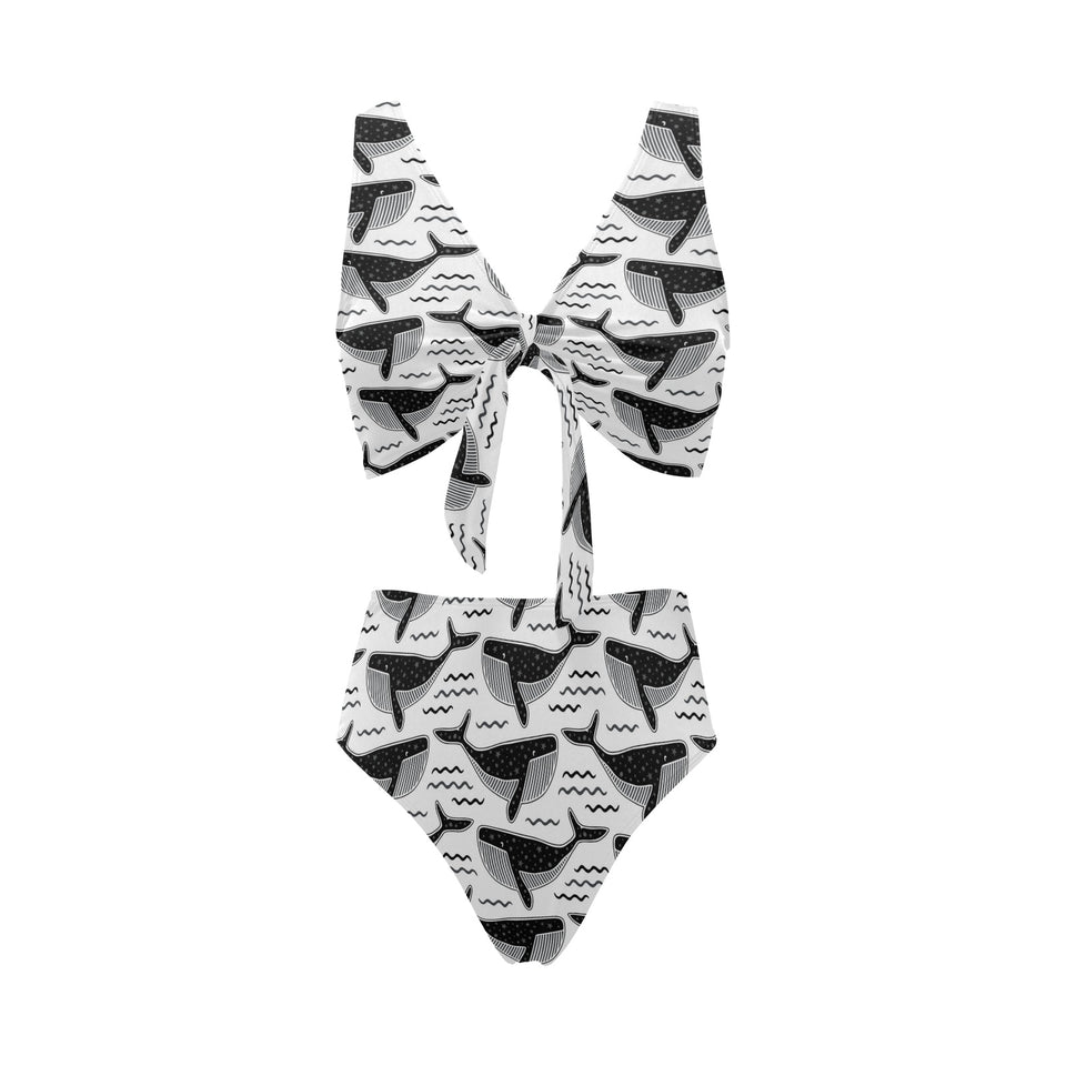 Black whale pattern Chest Bowknot High Waisted Bikini Swimsuit