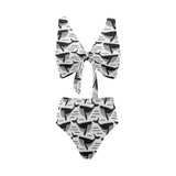 Black whale pattern Chest Bowknot High Waisted Bikini Swimsuit