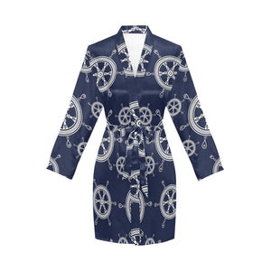 nautical steering wheel design pattern Women's Long Sleeve Belted Night Robe
