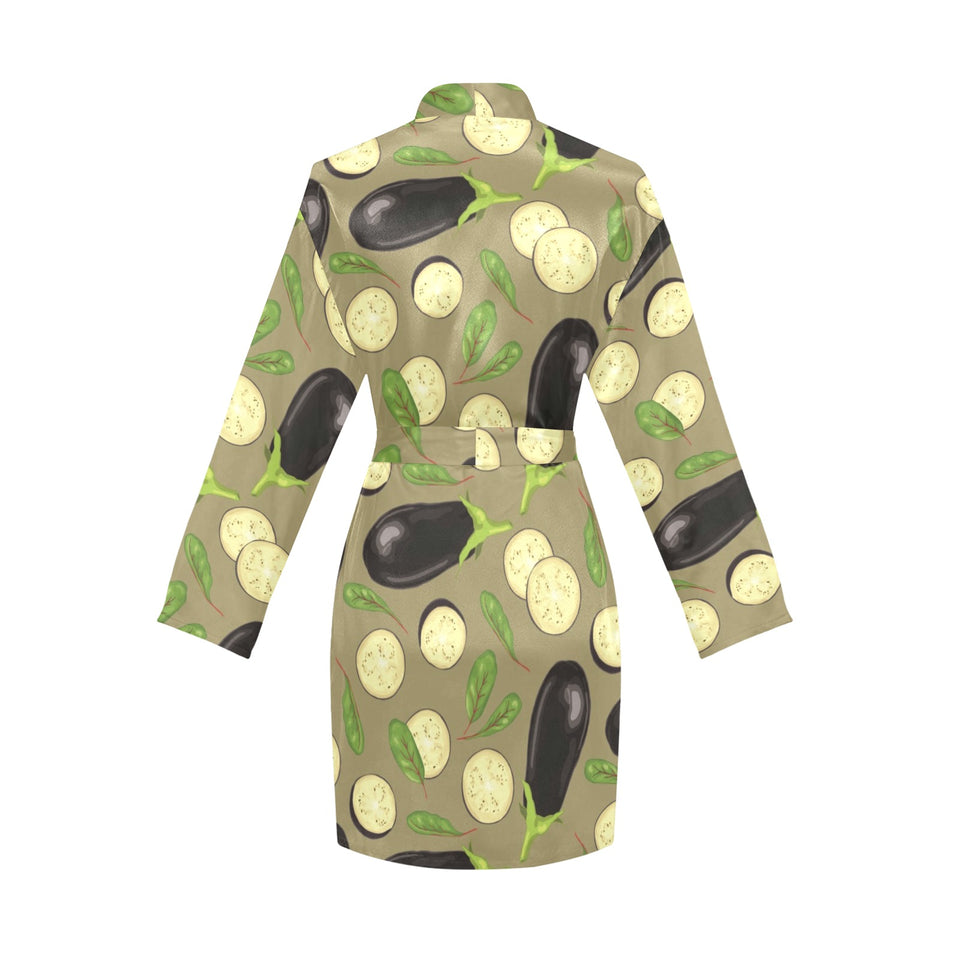 Eggplant Pattern Print Design 02 Women's Long Sleeve Belted Night Robe