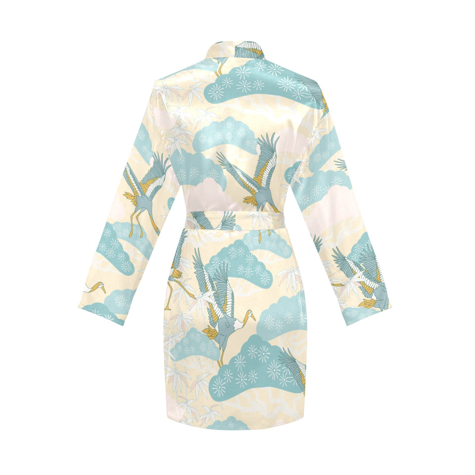 Bonsai bamboo stork japanese pattern cream theme Women's Long Sleeve Belted Night Robe