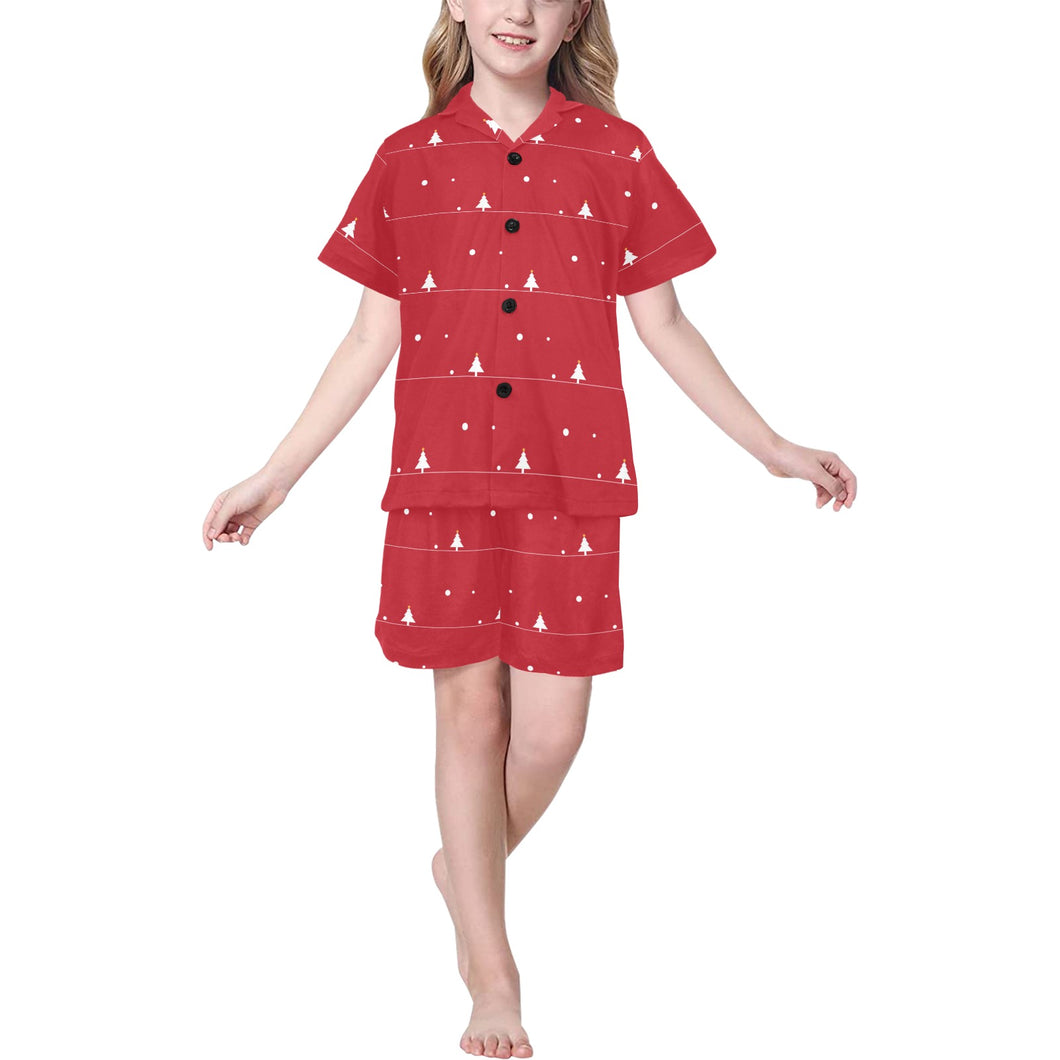 Christmas tree star snow red background Kids' Boys' Girls' V-Neck Short Pajama Set