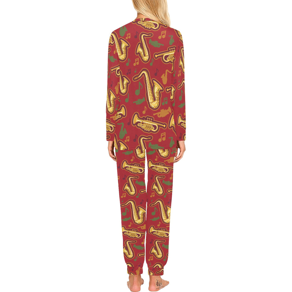 Saxophone cornet pattern red background Women's All Over Print Pajama Set