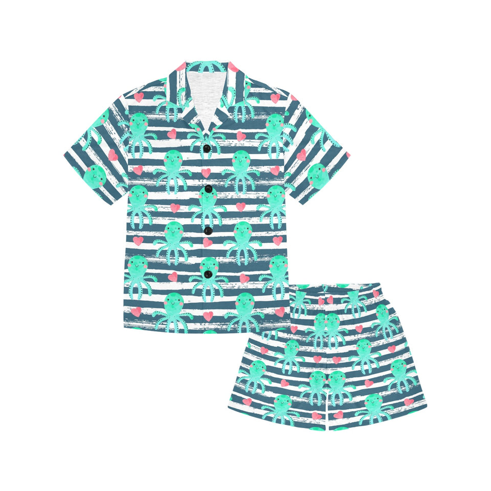 Cute octopuses heart striped background Kids' Boys' Girls' V-Neck Short Pajama Set