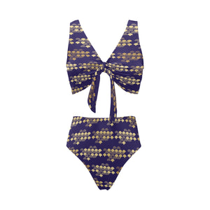 Beautiful japanese fan pattern Chest Bowknot High Waisted Bikini Swimsuit