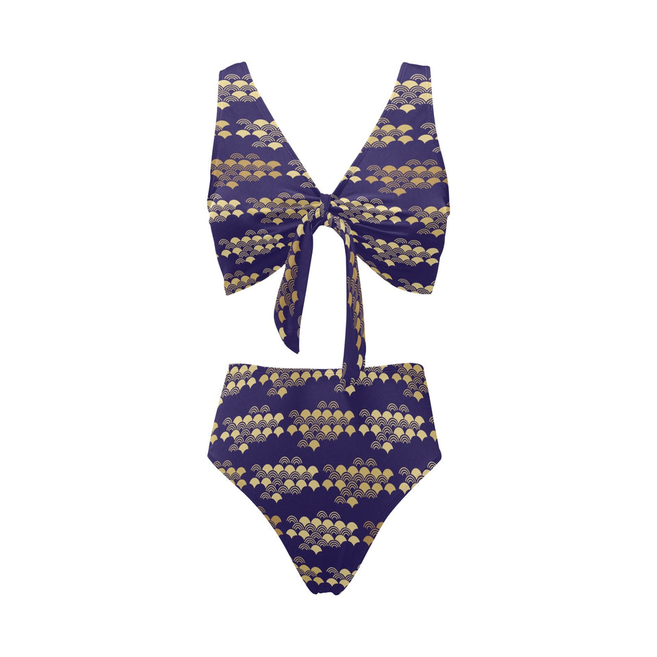 Beautiful japanese fan pattern Chest Bowknot High Waisted Bikini Swimsuit