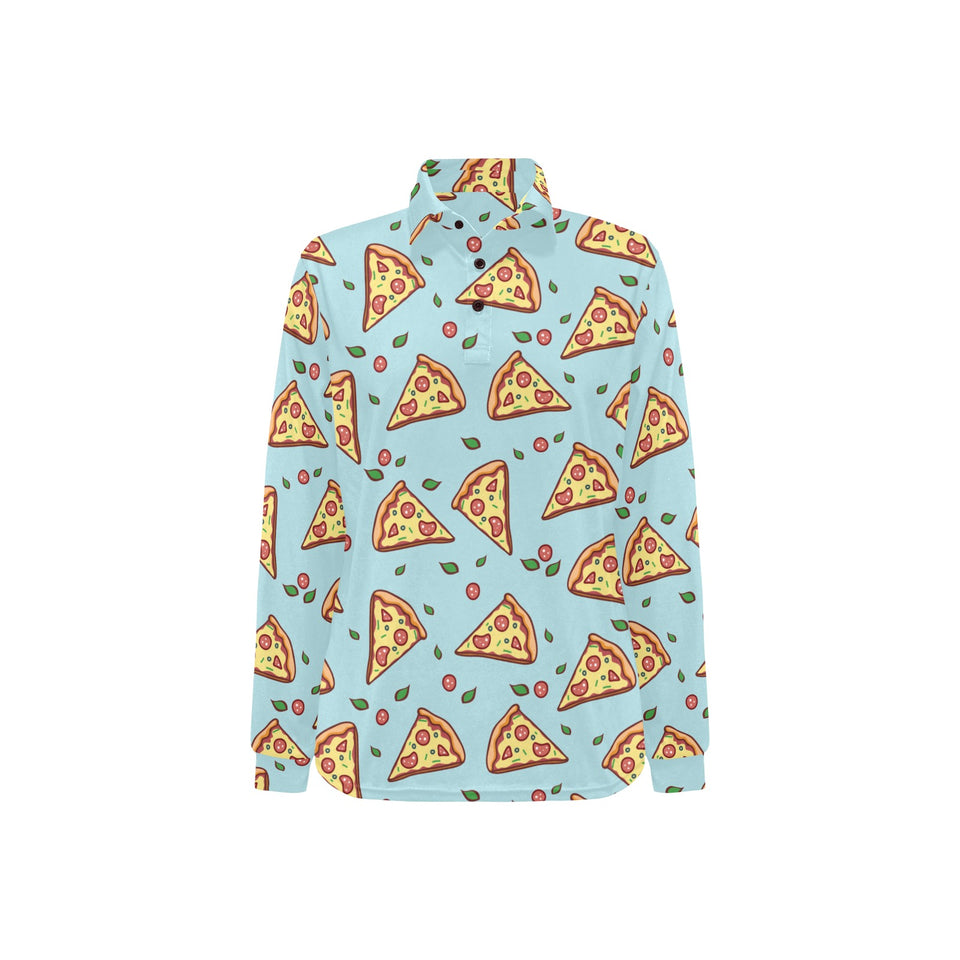 Hand drawn pizza blue background Women's Long Sleeve Polo Shirt