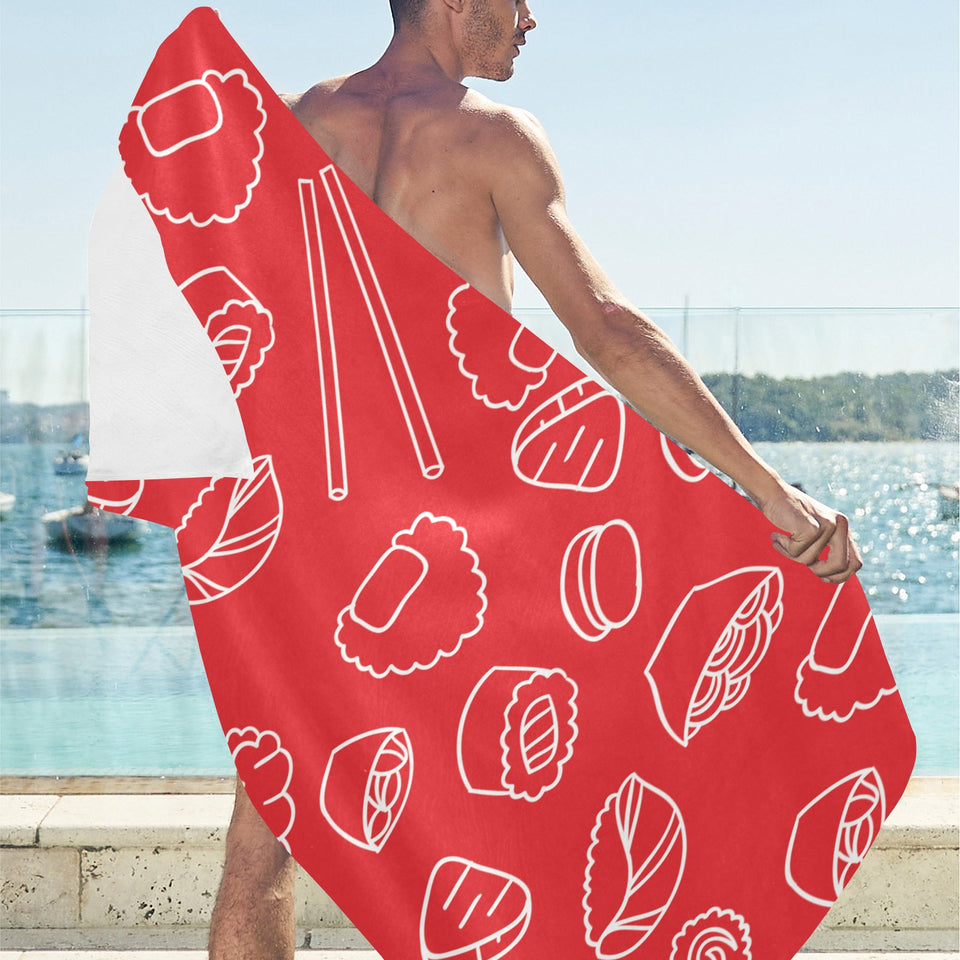 sushi pattern red background Beach Towel