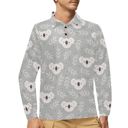 Cute koala leaves pattern Men's Long Sleeve Polo Shirt