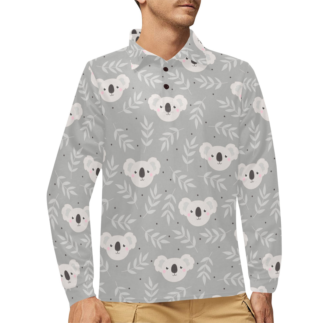 Cute koala leaves pattern Men's Long Sleeve Polo Shirt