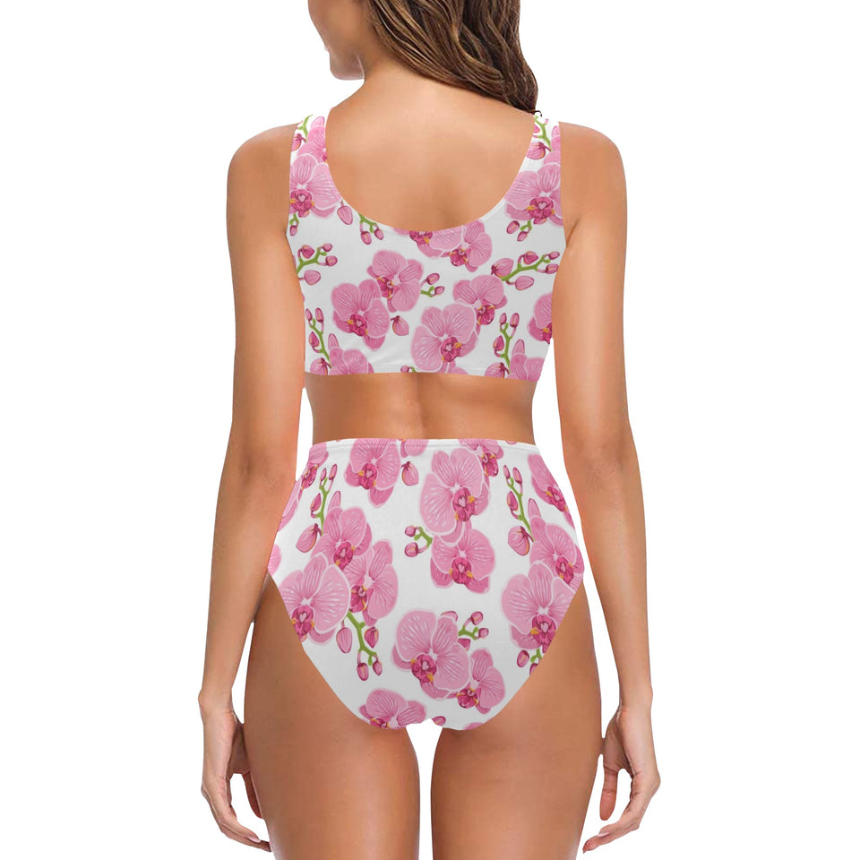 pink purple orchid pattern background Chest Bowknot High Waisted Bikini Swimsuit