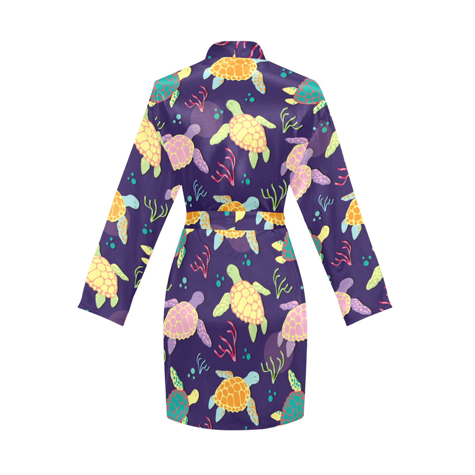 Colorful sea turtle pattern Women's Long Sleeve Belted Night Robe