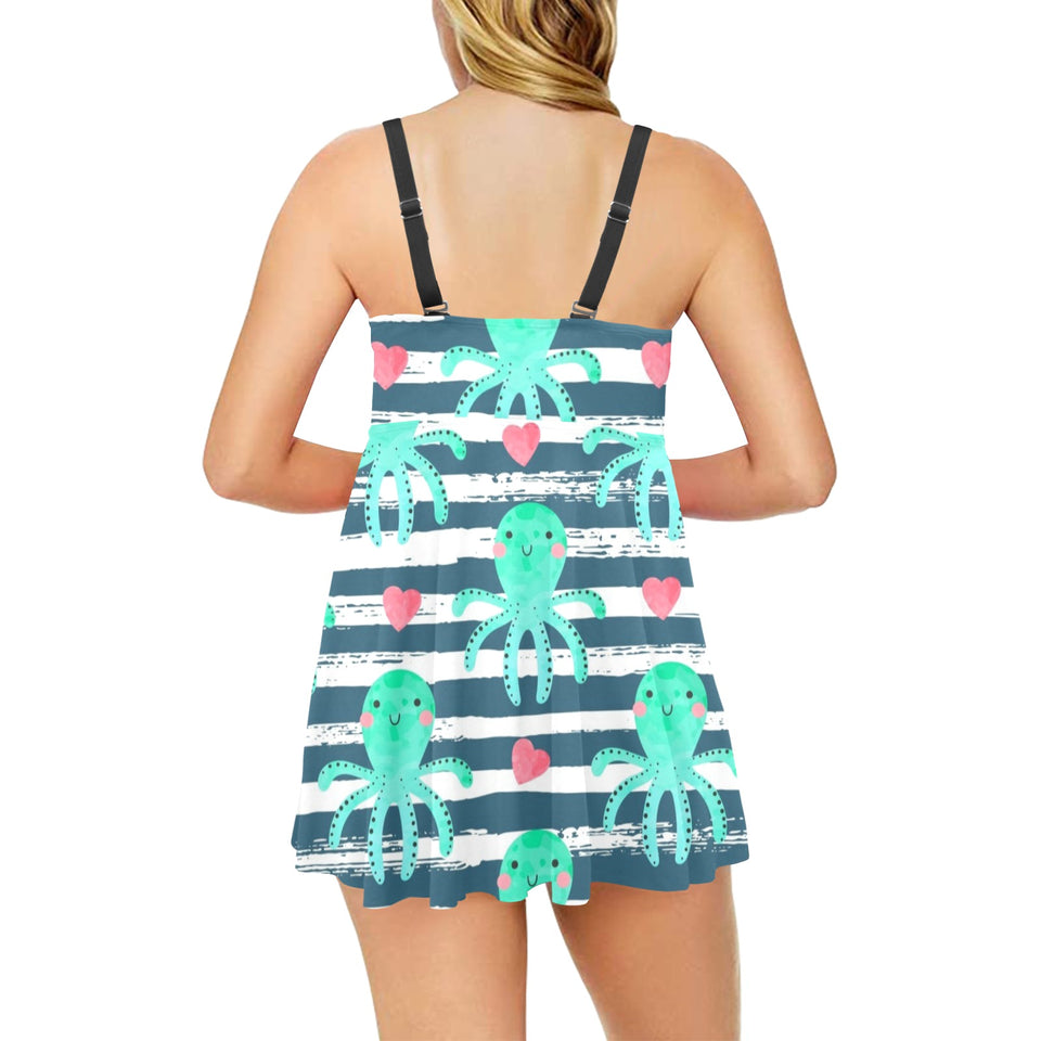 Cute octopuses heart striped background Chest Sexy Pleated Two Piece Swim Dress