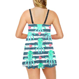 Cute octopuses heart striped background Chest Sexy Pleated Two Piece Swim Dress