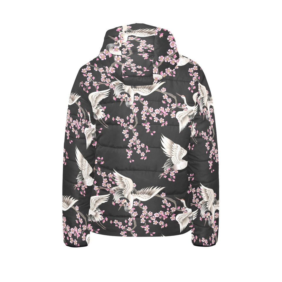 Japanese crane pink sakura pattern Kids' Boys' Girls' Padded Hooded Jacket