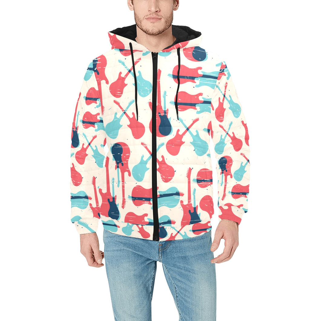Red Blue guitar pattern Men's Padded Hooded Jacket