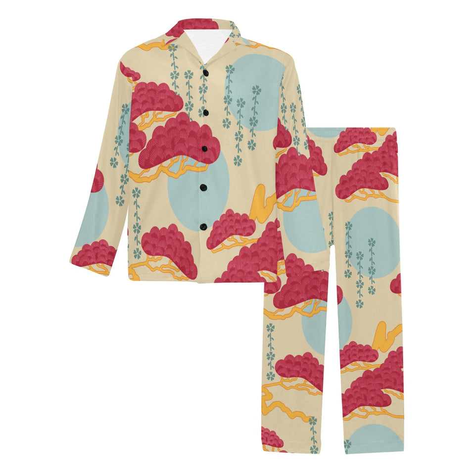 Red Bonsai gray sun japanese pattern Men's Long Pajama Set
