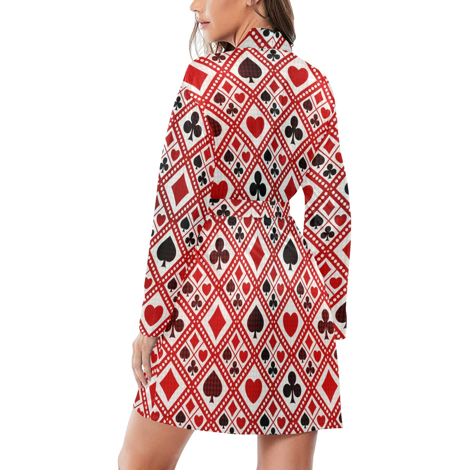 Casino Cards Suits Pattern Print Design 03 Women's Long Sleeve Belted Night Robe