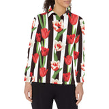 red and white tulips pattern Women's Long Sleeve Polo Shirt