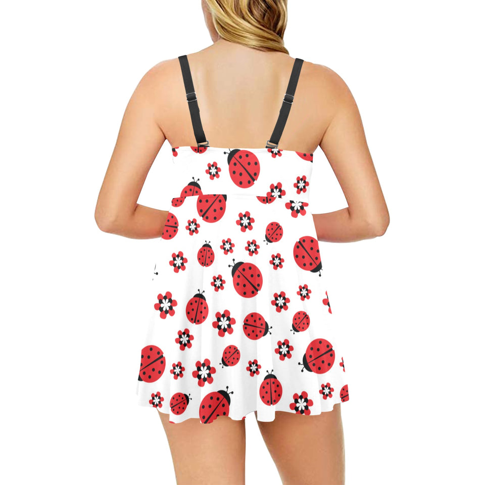Ladybug Pattern Print Design 04 Chest Sexy Pleated Two Piece Swim Dress
