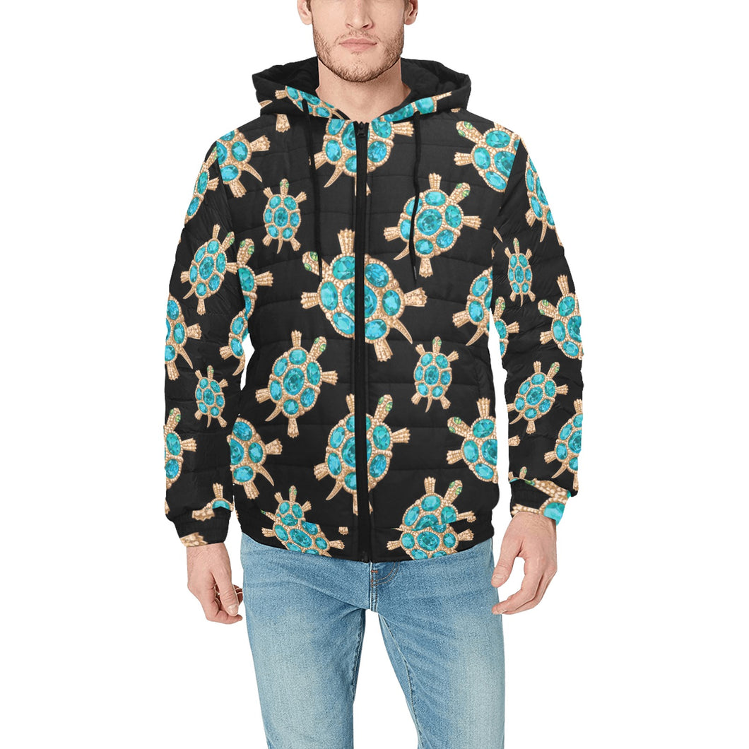Sea turtle blue stone pattern Men's Padded Hooded Jacket