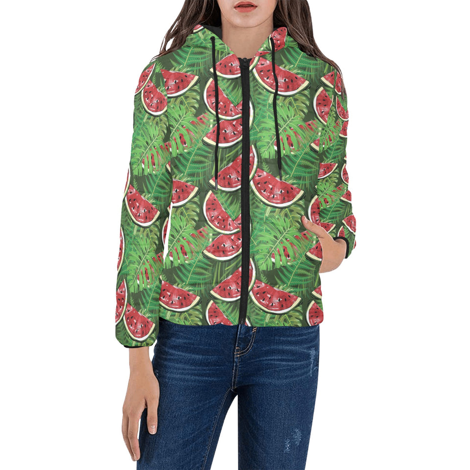 Watermelons tropical palm leaves pattern backgroun Women's Padded Hooded Jacket