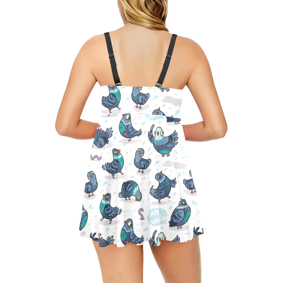 Pigeon Pattern Print Design 02 Chest Sexy Pleated Two Piece Swim Dress