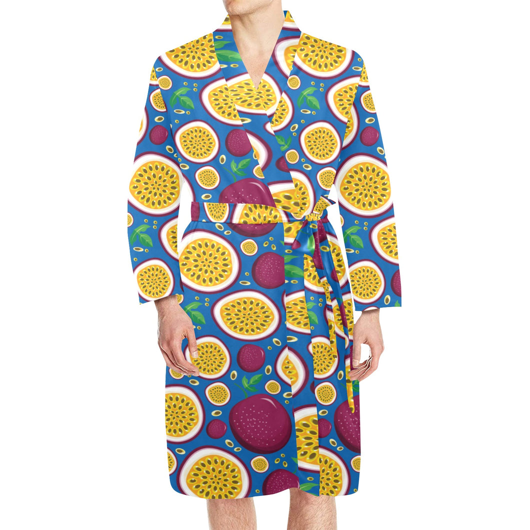 Passion fruit blue background Men's Long Sleeve Belted Night Robe