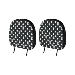 Cute white rabbit polka dots black background Car Headrest Cover
