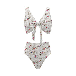 English Bulldog Pattern Print Design 01 Chest Bowknot High Waisted Bikini Swimsuit