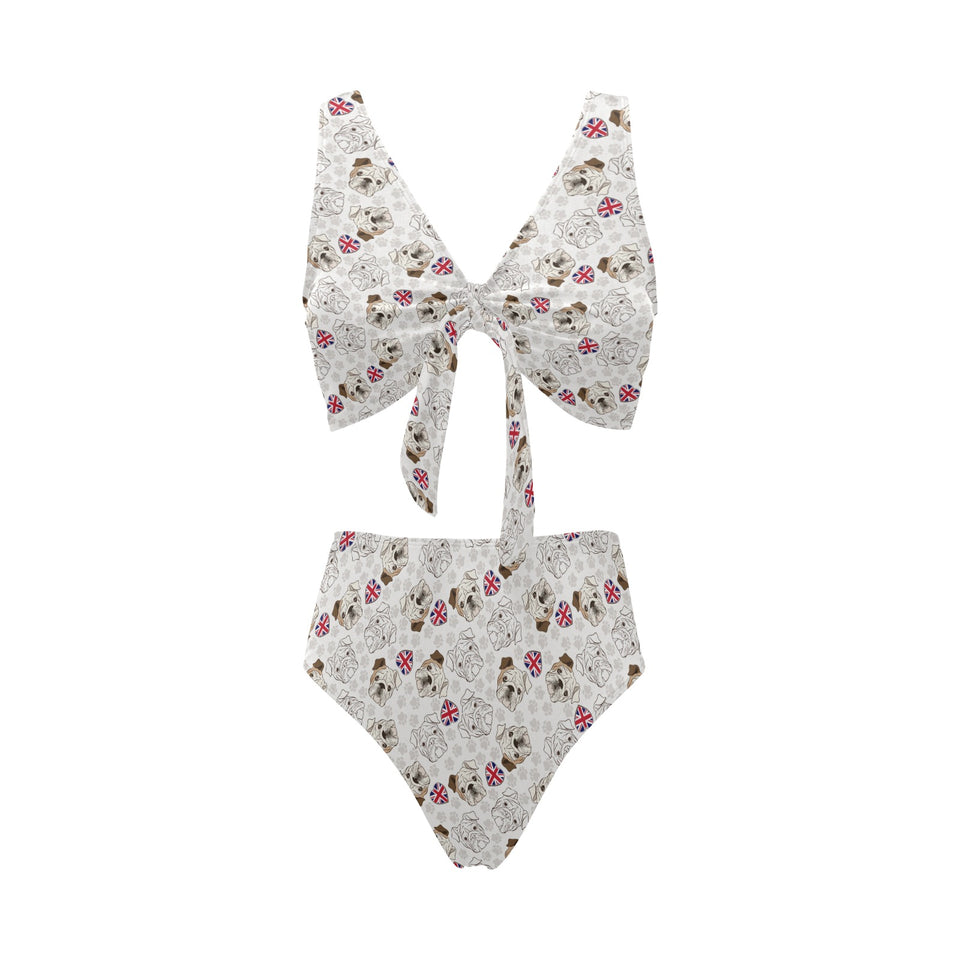 English Bulldog Pattern Print Design 01 Chest Bowknot High Waisted Bikini Swimsuit