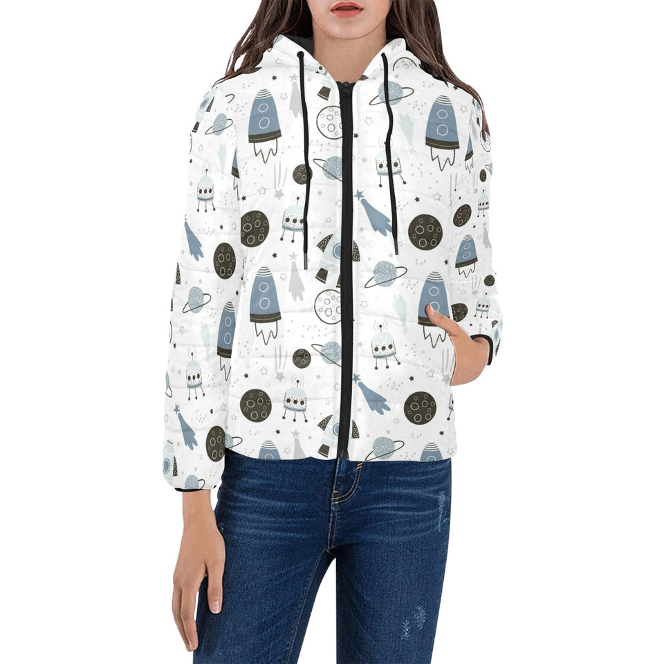 Hand drawn space elements space rocket star planet Women's Padded Hooded Jacket