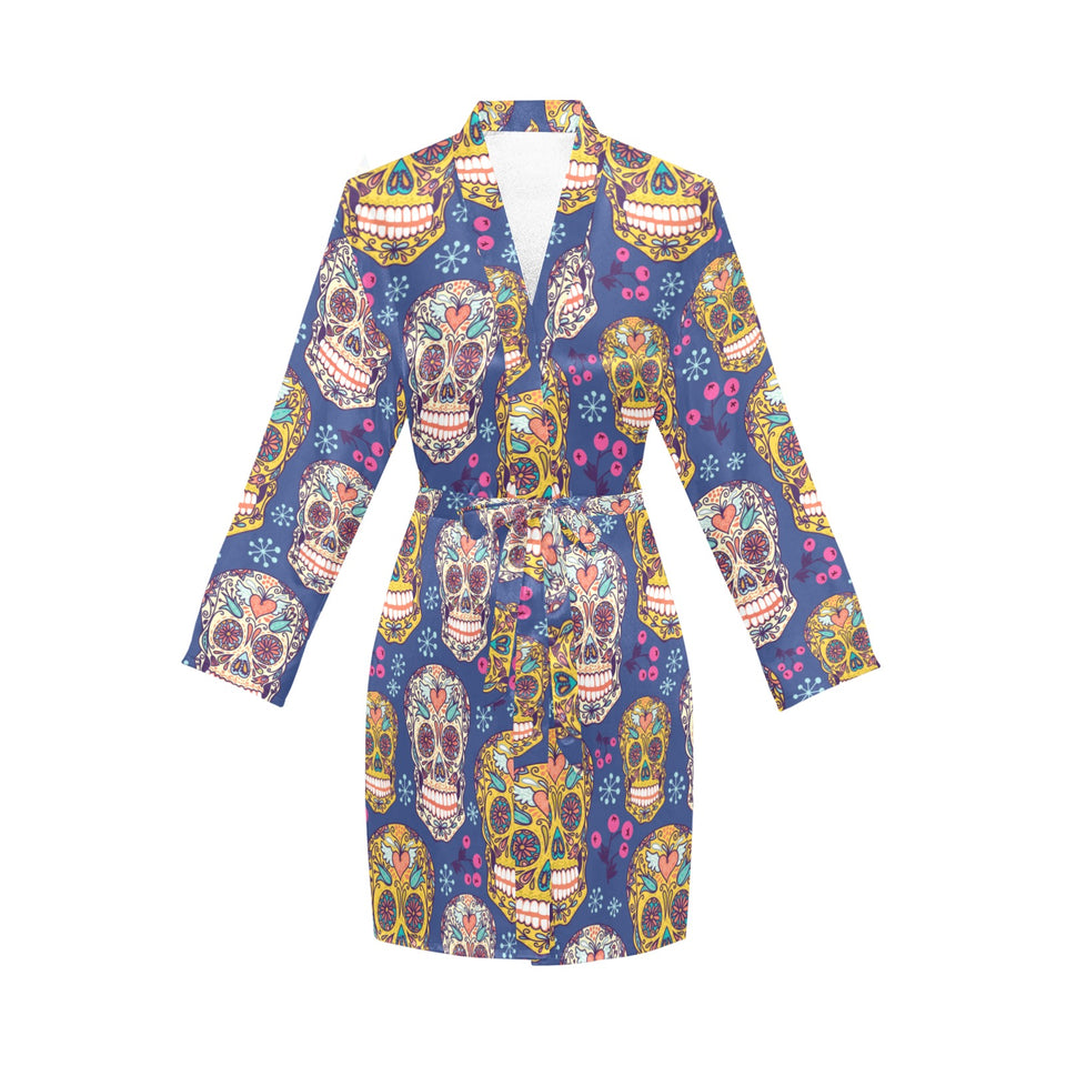 Sugar skull flower pattern Women's Long Sleeve Belted Night Robe