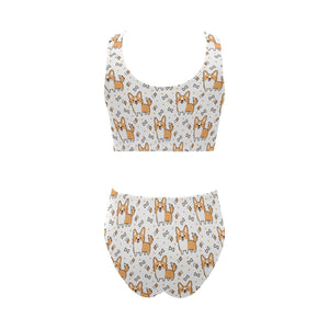 Cute corgi heart star bone pattern Chest Bowknot High Waisted Bikini Swimsuit