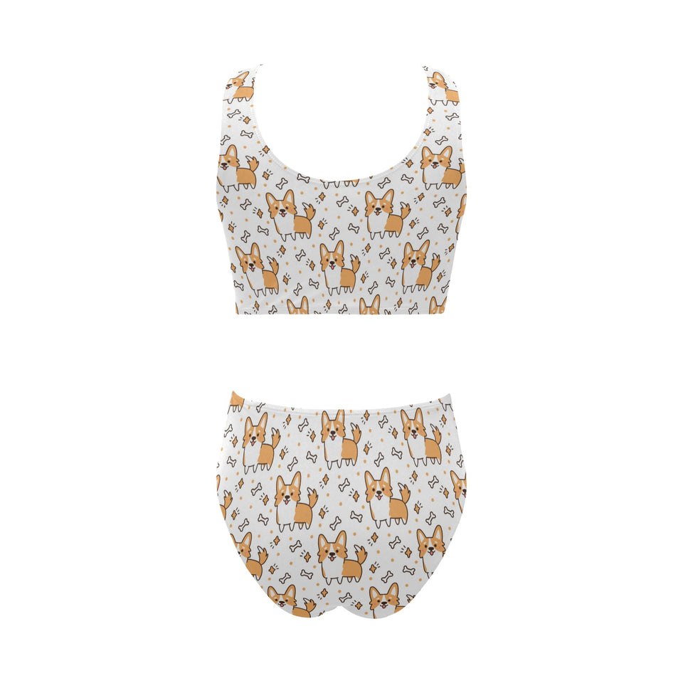 Cute corgi heart star bone pattern Chest Bowknot High Waisted Bikini Swimsuit