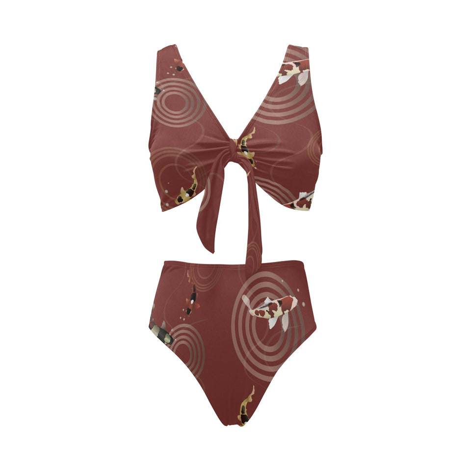 Koi Fish Carp Fish red background Chest Bowknot High Waisted Bikini Swimsuit