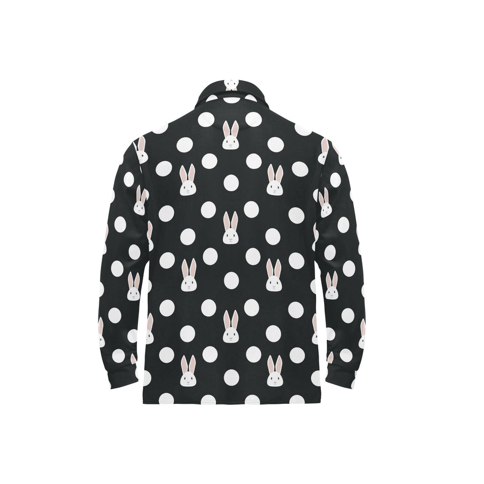 Cute white rabbit polka dots black background Men's Long Sleeve Polo Shirt