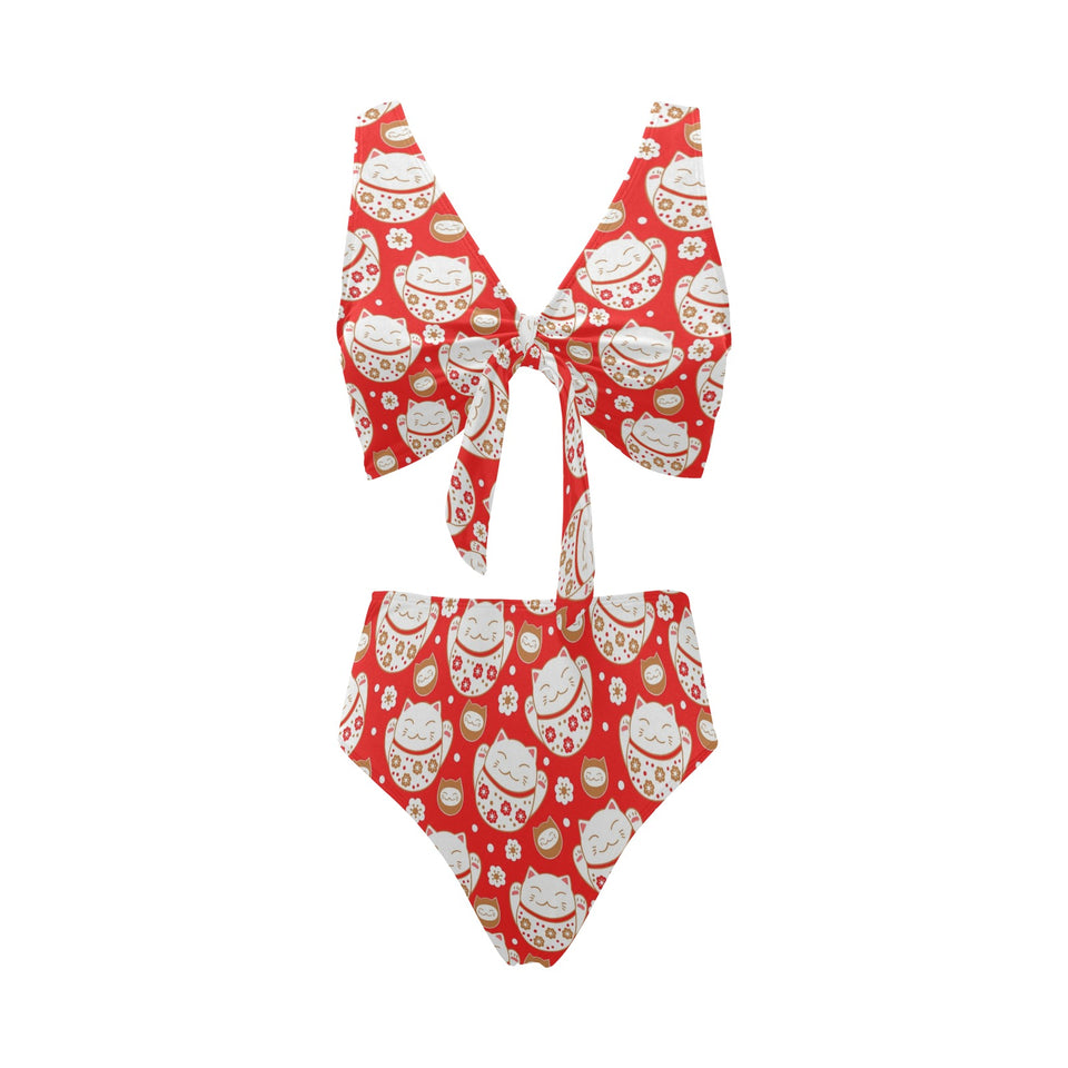 Cute Maneki neko cat red background Chest Bowknot High Waisted Bikini Swimsuit