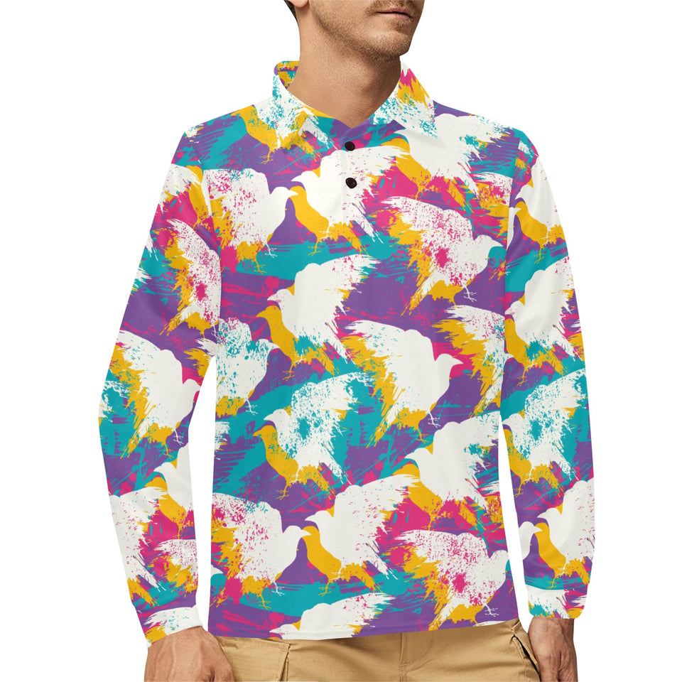Colorful crow illustration pattern Men's Long Sleeve Polo Shirt