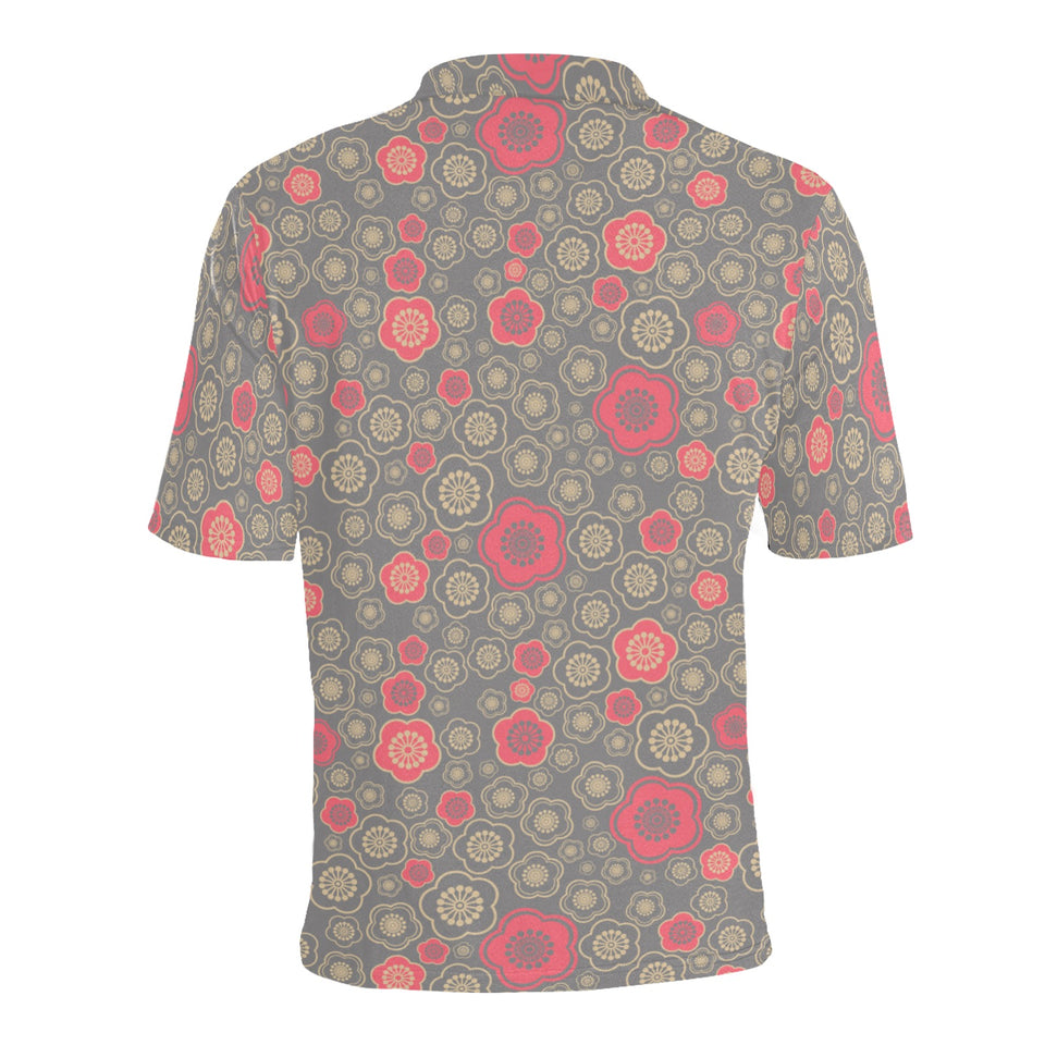 Red gold Sakura cherry blossom gray background Men's All Over Print Polo Shirt