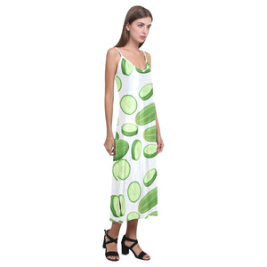 cucumber whole slices pattern V-Neck Open Fork Long Dress