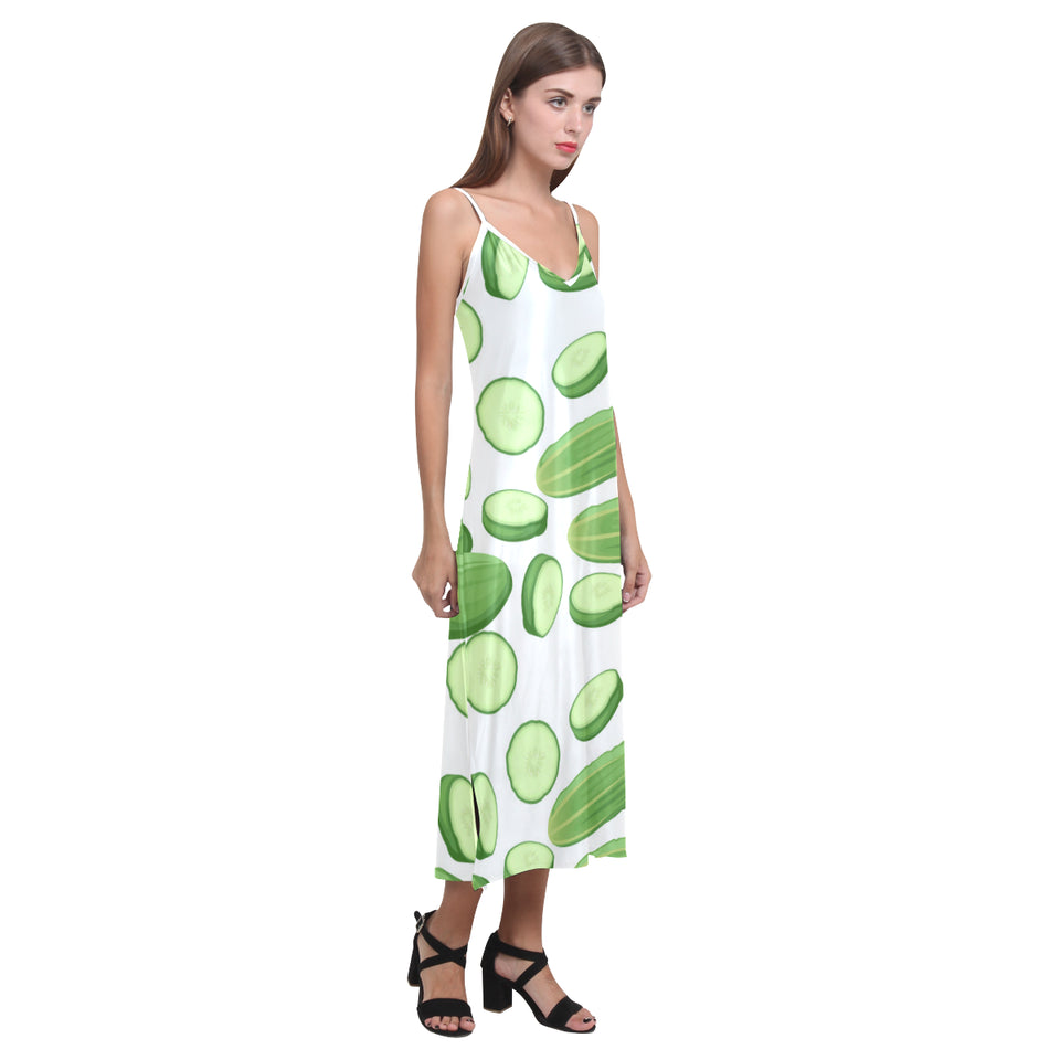 cucumber whole slices pattern V-Neck Open Fork Long Dress