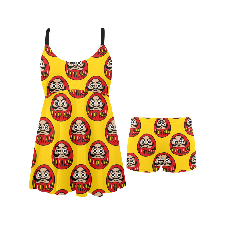 Daruma japanese wooden doll yellow background Chest Sexy Pleated Two Piece Swim Dress