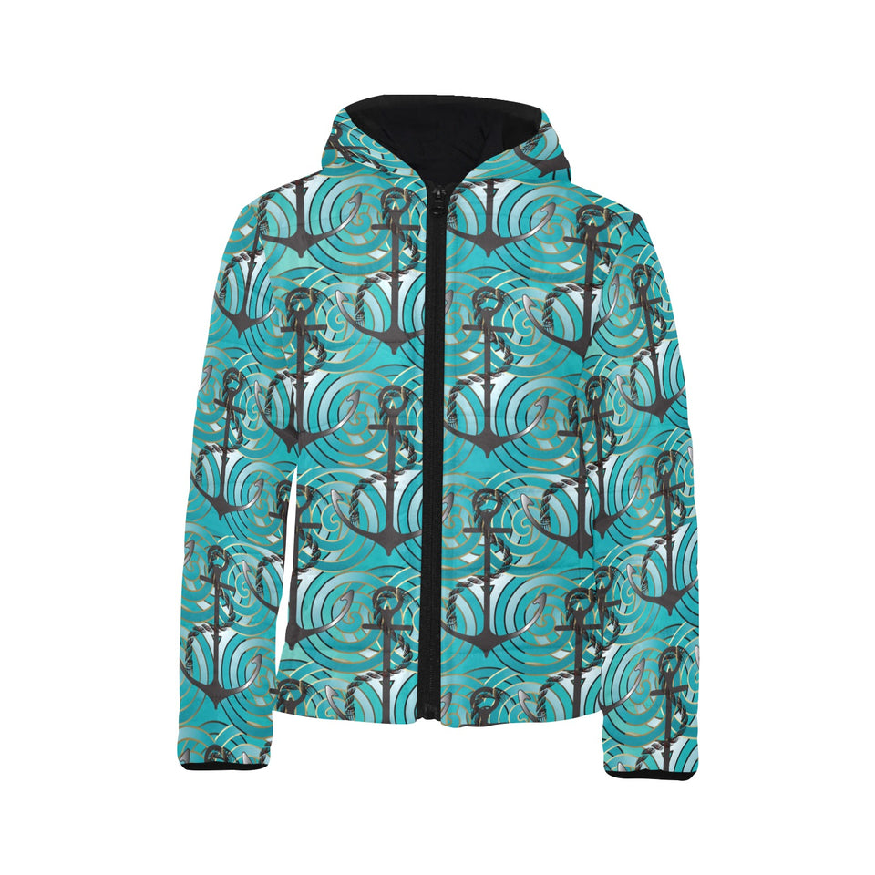 Anchor nautical green background Kids' Boys' Girls' Padded Hooded Jacket