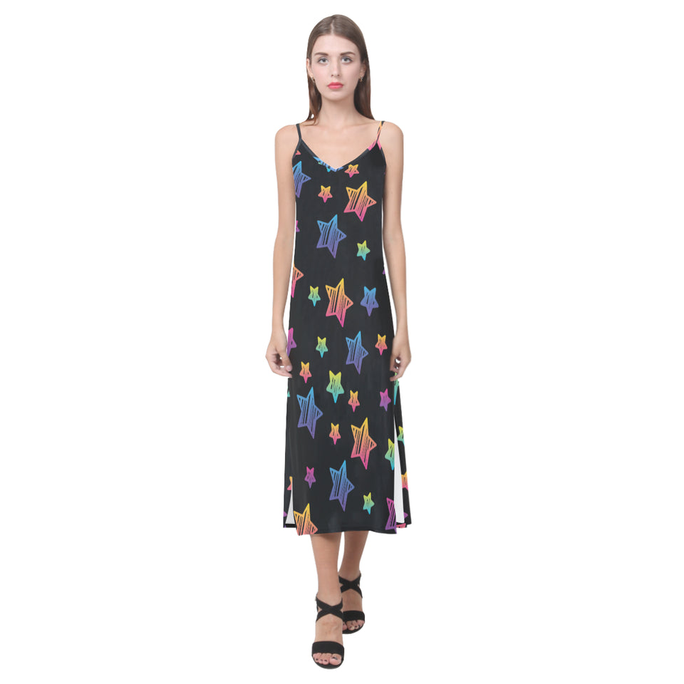 Colorful star pattern V-Neck Open Fork Long Dress