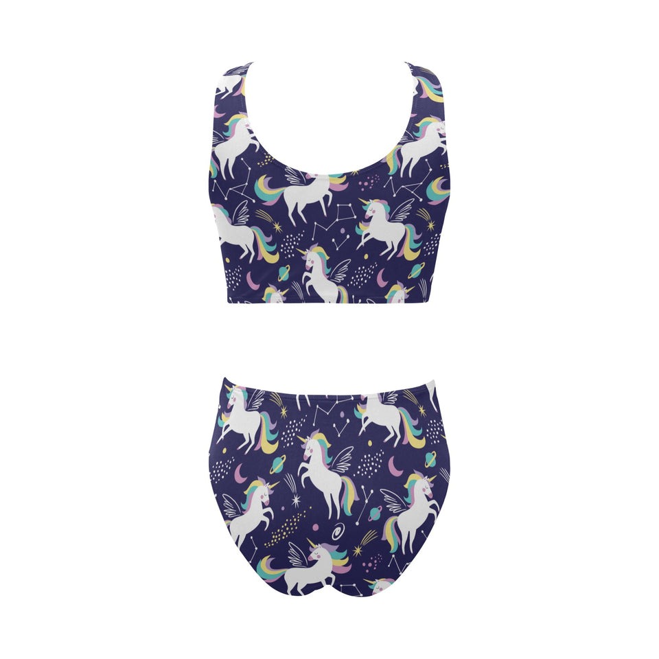 Hand drawn cute unicorn star planet Chest Bowknot High Waisted Bikini Swimsuit