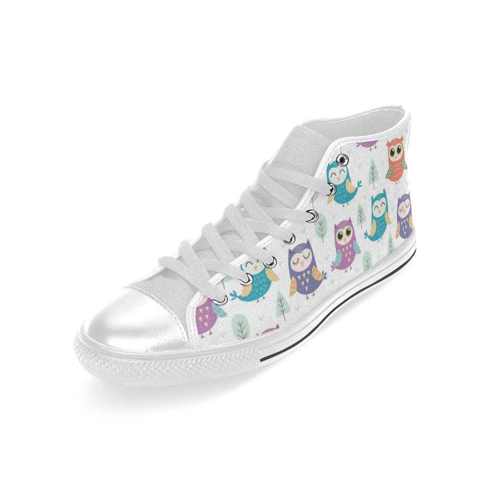 Cute owl pattern Men's High Top Canvas Shoes White