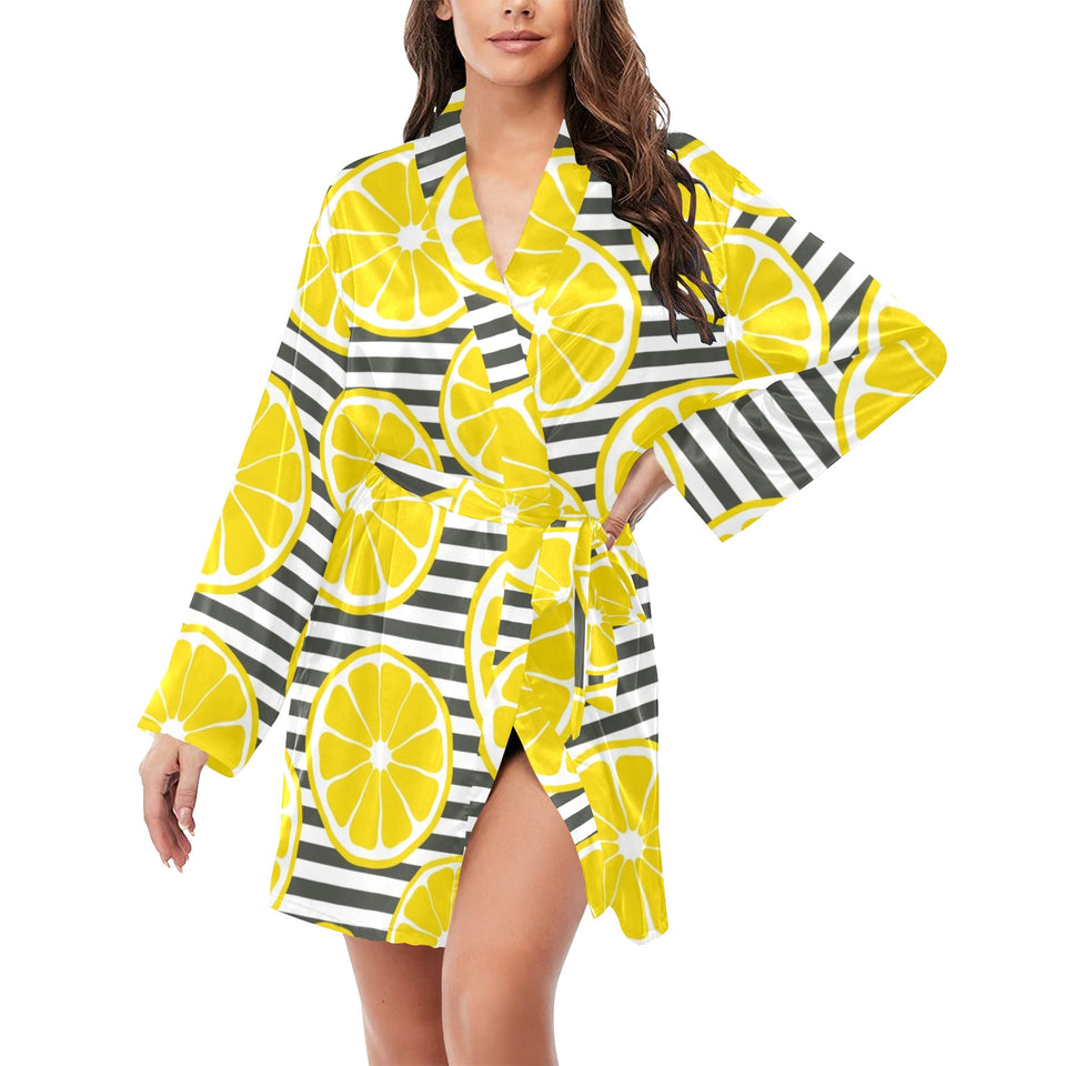 slice of lemon design pattern Women's Long Sleeve Belted Night Robe