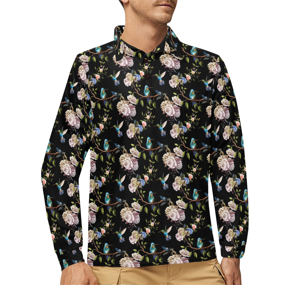 Hummingbird Pattern Print Design 03 Men's Long Sleeve Polo Shirt
