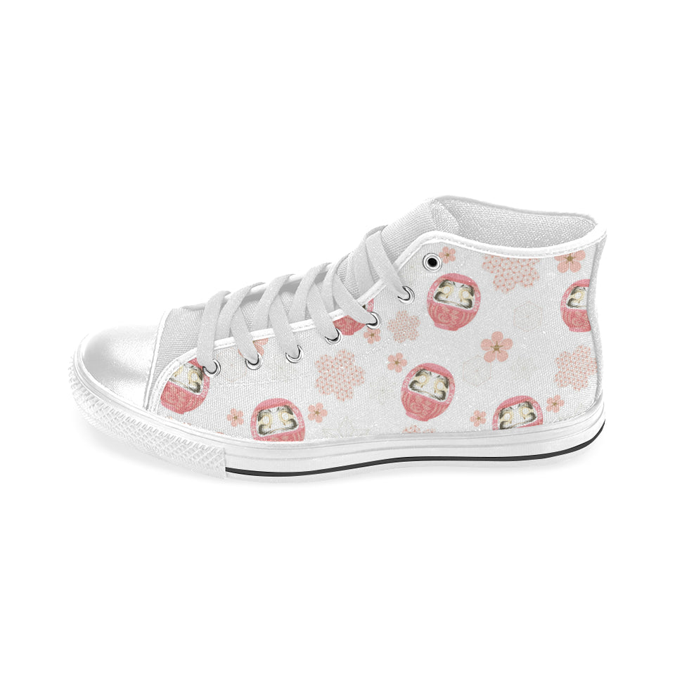 Daruma japanese wooden doll cherry blossom flower Men's High Top Canvas Shoes White